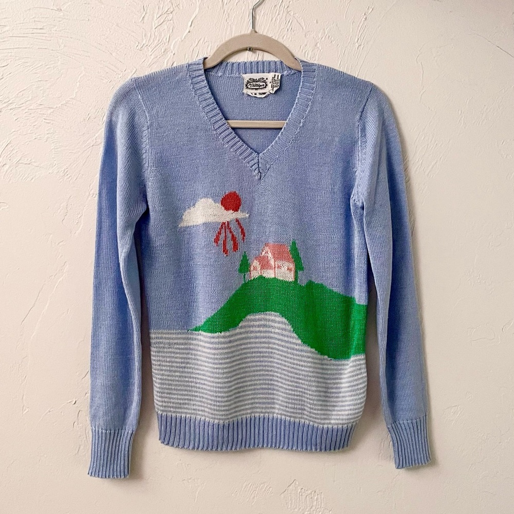 Vintage 80s XS/S Villager Intarsia Knit Cottage Clouds Sun Trees Blue Sweater